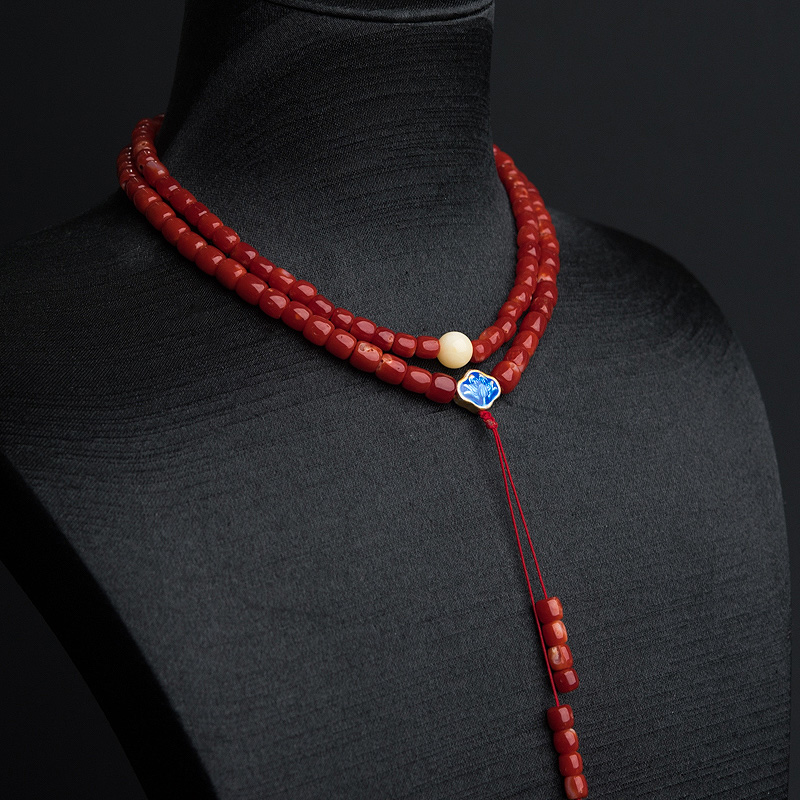 日本天然深红珊瑚桶珠项链-红掌柜