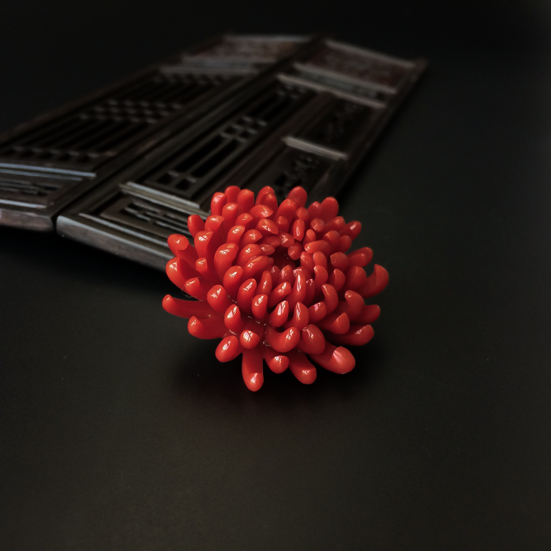 红珊瑚拼接菊花戒面-红掌柜