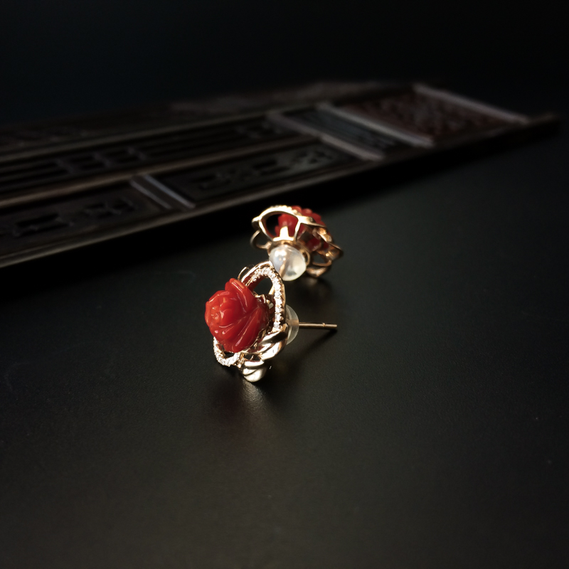 沙丁红珊瑚耳钉-红掌柜