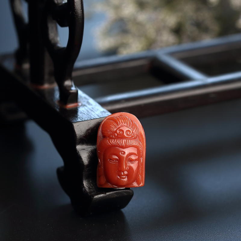 日本天然阿卡红珊瑚观音吊坠 - 红掌柜