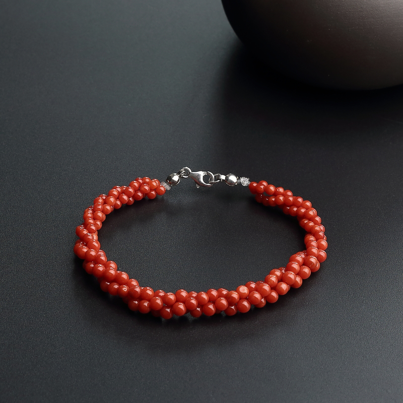 意大利天然沙丁红珊瑚三股圆珠手链-红掌柜