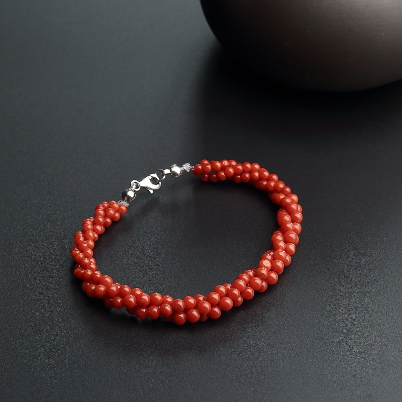 天然沙丁红珊瑚三股圆珠手链-红掌柜