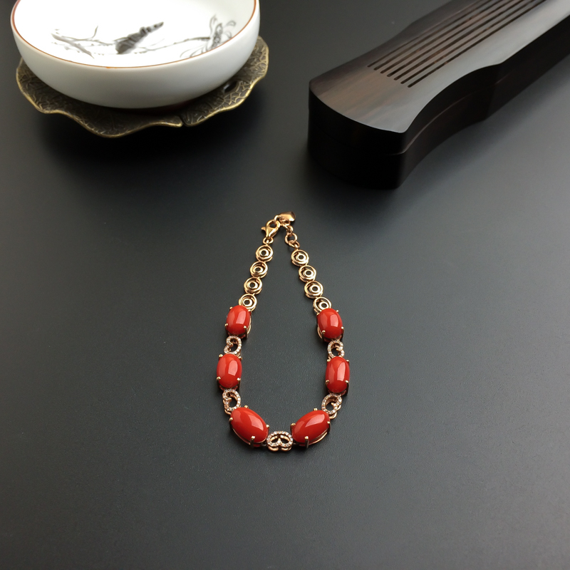 18K金镶钻天然沙丁红珊瑚手链-红掌柜