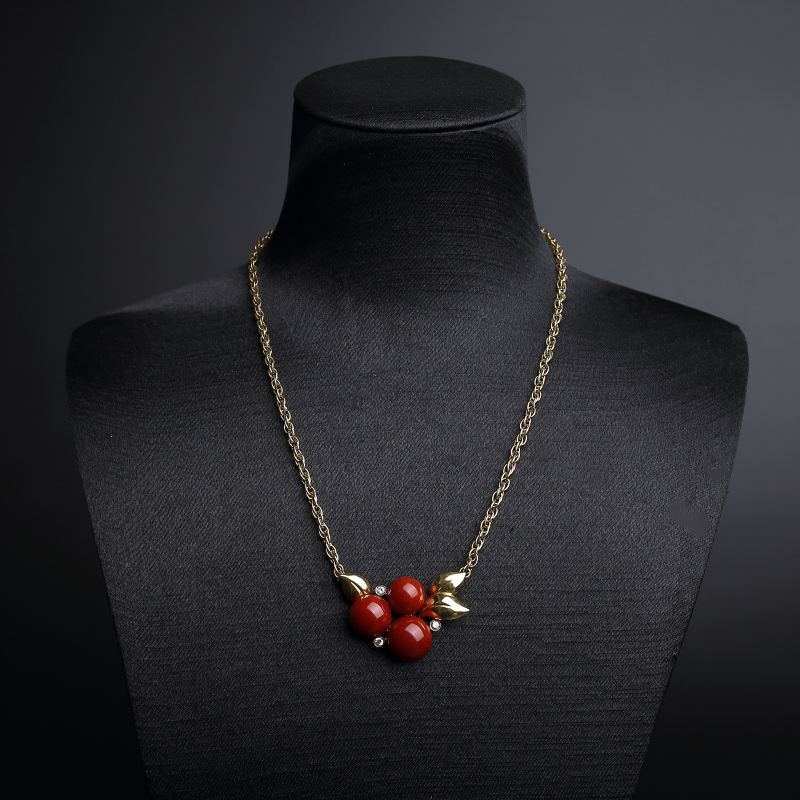 18K金镶钻阿卡红珊瑚项链-红掌柜