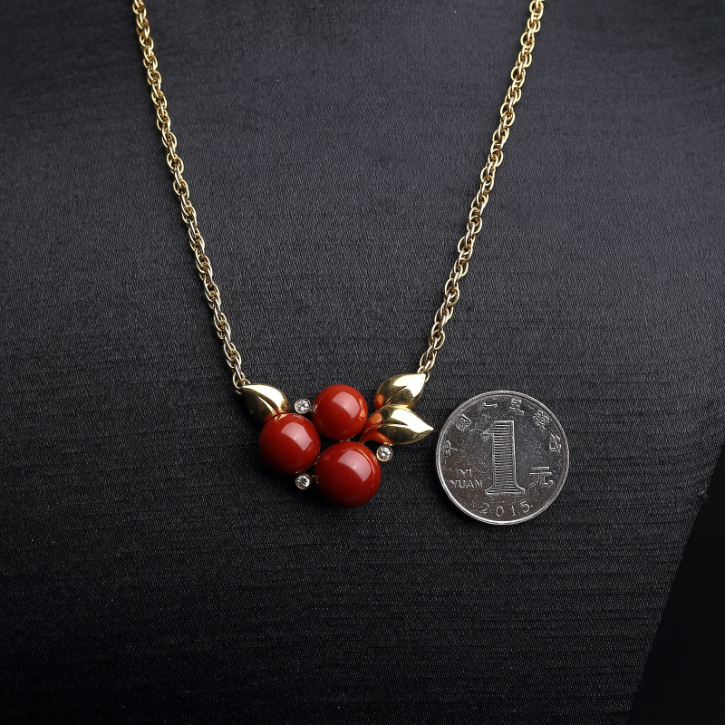 18K金镶钻红珊瑚项链-红掌柜