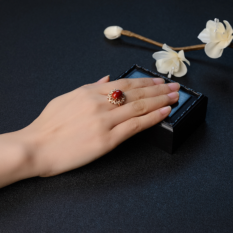 18K金沙丁珊瑚戒指 - 红掌柜