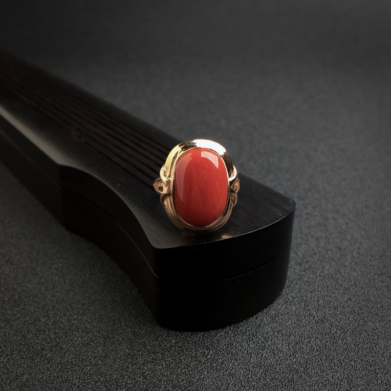 意大利天然18K金镶沙丁红珊瑚戒指 - 红掌柜