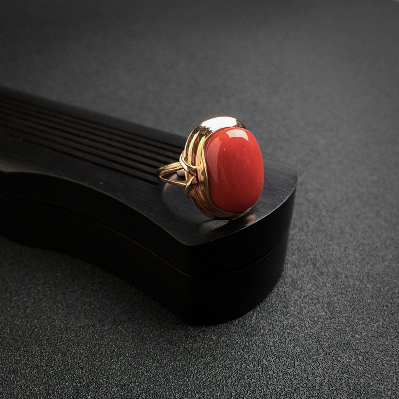 天然18K金镶沙丁红珊瑚戒指 - 红掌柜