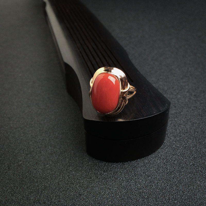 18K金镶沙丁红珊瑚戒指 - 红掌柜