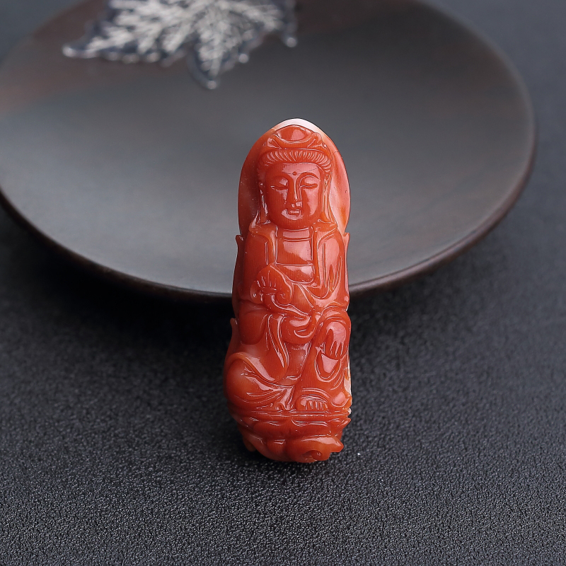 日本天然阿卡正红珊瑚观音吊坠-红掌柜
