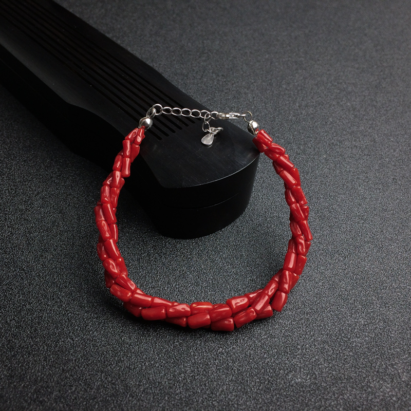 沙丁正红珊瑚三股项链手链套装 - 红掌柜