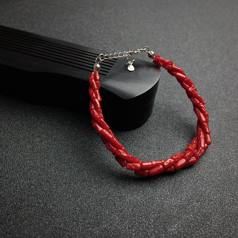 沙丁红珊瑚三股项链手链套装 - 红掌柜