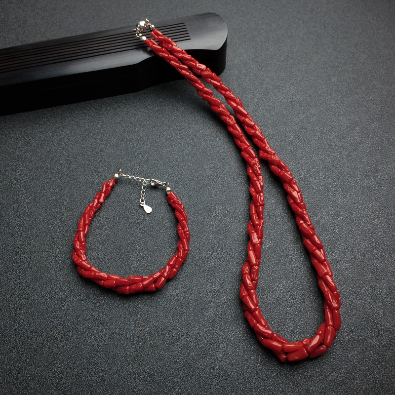 红珊瑚三股项链手链套装 - 红掌柜