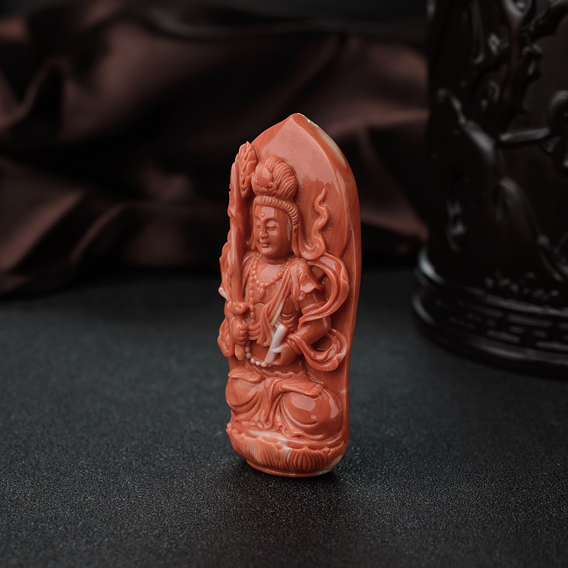 橘红珊瑚文殊菩萨吊坠-红掌柜
