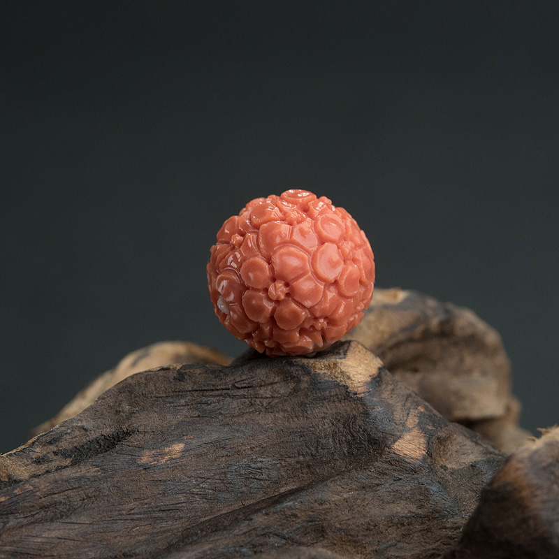 天然MOMO橘色珊瑚雕花圆珠-红掌柜