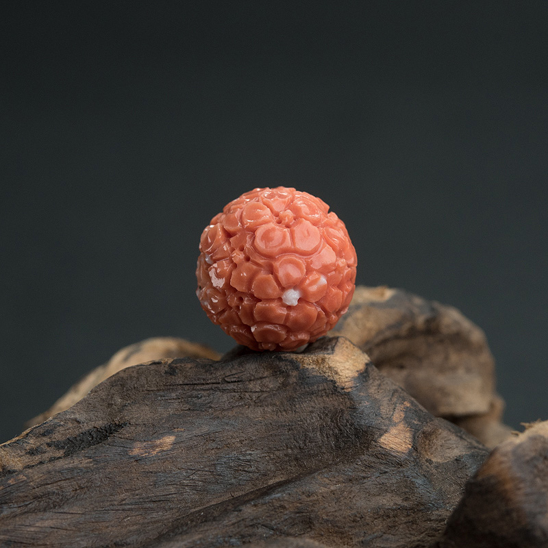 台湾天然MOMO珊瑚雕花圆珠-红掌柜
