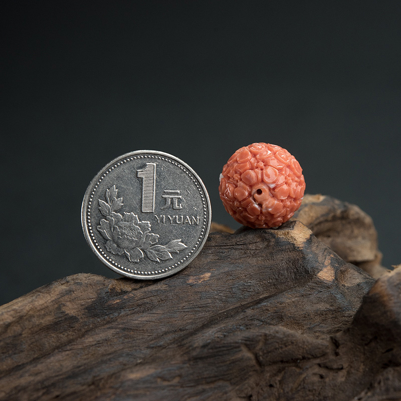 MOMO橘色珊瑚雕花圆珠-红掌柜