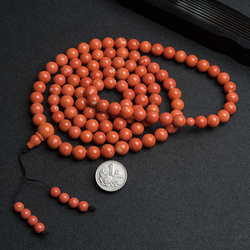 天然MOMO橘色珊瑚108佛珠 - 红掌柜