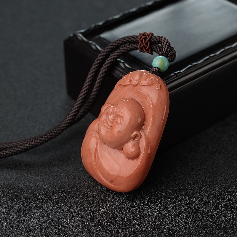 橘色珊瑚弥勒佛吊坠-红掌柜