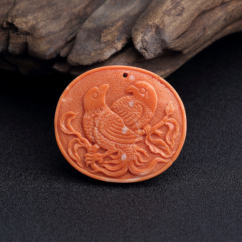 台湾天然MOMO橘色珊瑚双喜吊坠-红掌柜