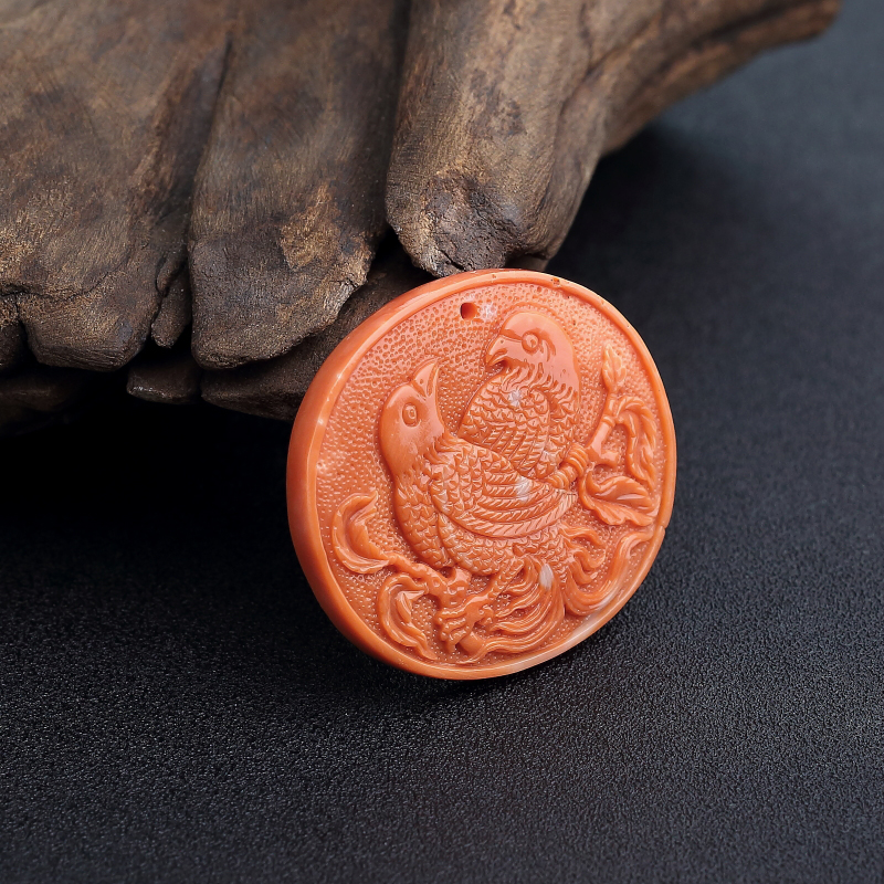 天然MOMO橘色珊瑚双喜吊坠-红掌柜