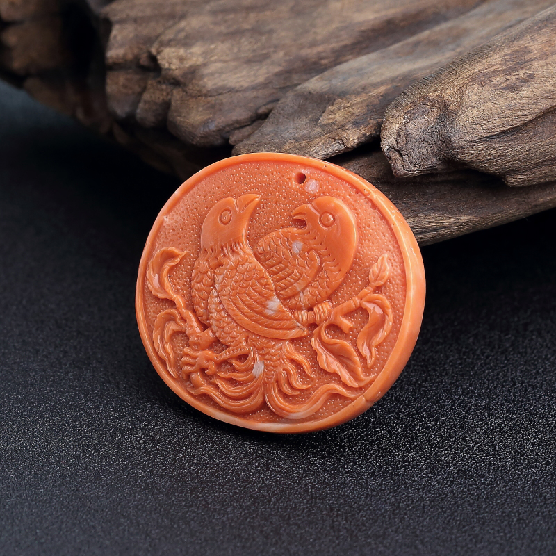 台湾MOMO橘色珊瑚双喜吊坠-红掌柜