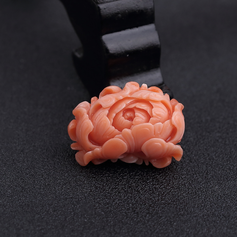 天然深水橘色珊瑚牡丹花戒面-红掌柜