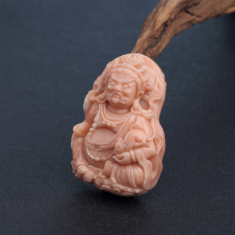 天然MOMO粉色珊瑚黄财神吊坠-红掌柜