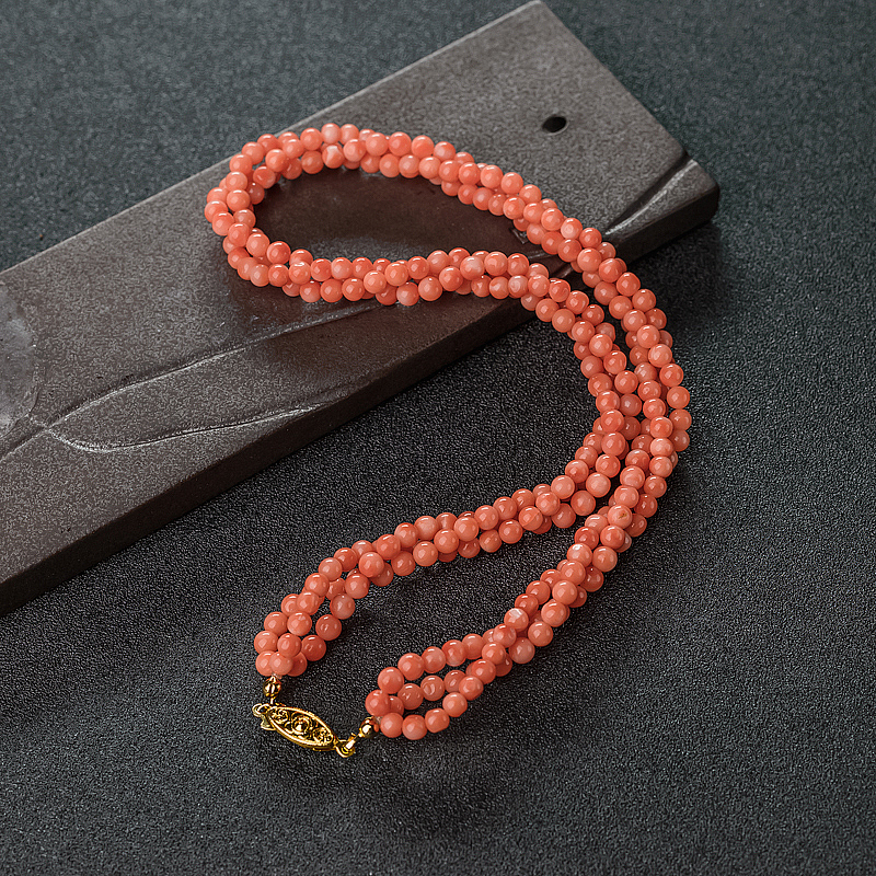 橘色珊瑚三股圆珠项链-红掌柜