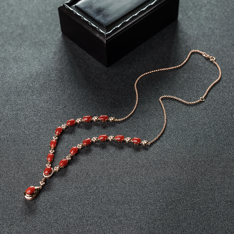 18K金镶钻日本天然阿卡正红珊瑚项链-红掌柜