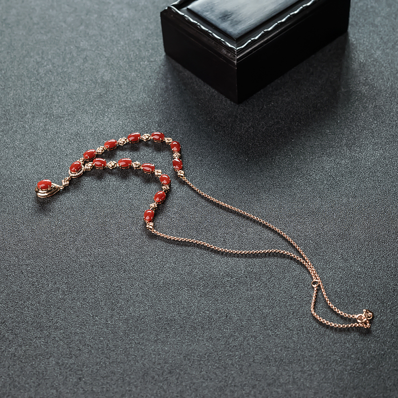 18K金镶钻天然阿卡正红珊瑚项链-红掌柜