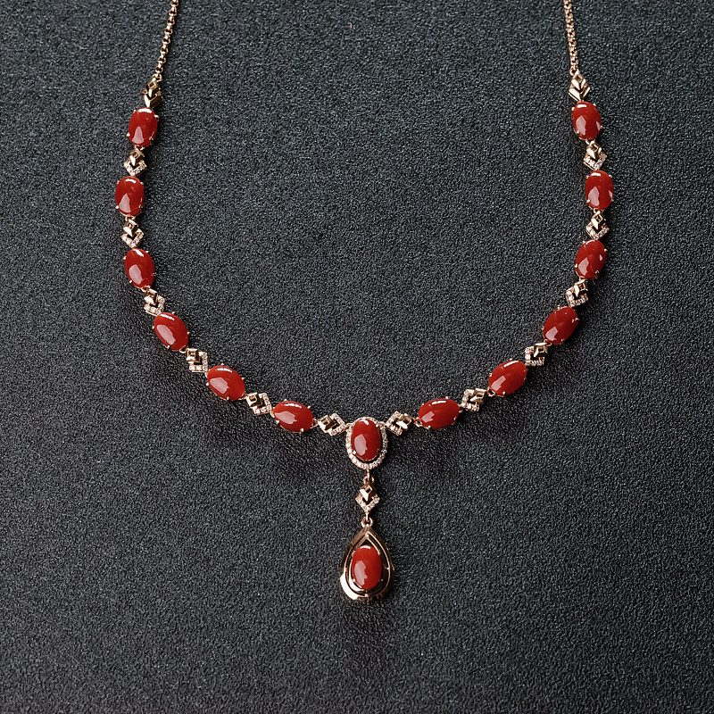 18K金镶钻日本天然正红珊瑚项链-红掌柜