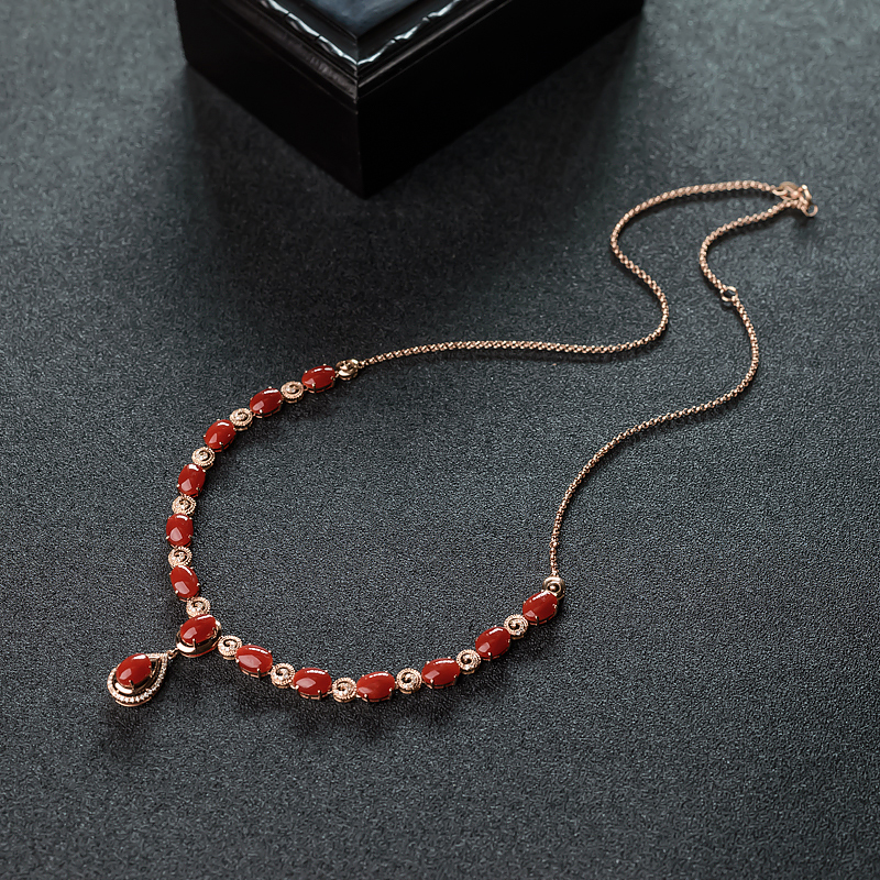 18K金镶钻日本天然阿卡正红珊瑚项链-红掌柜