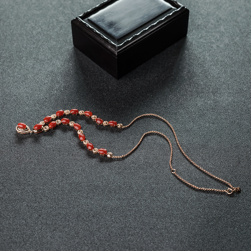 18K金镶钻天然阿卡正红珊瑚项链-红掌柜
