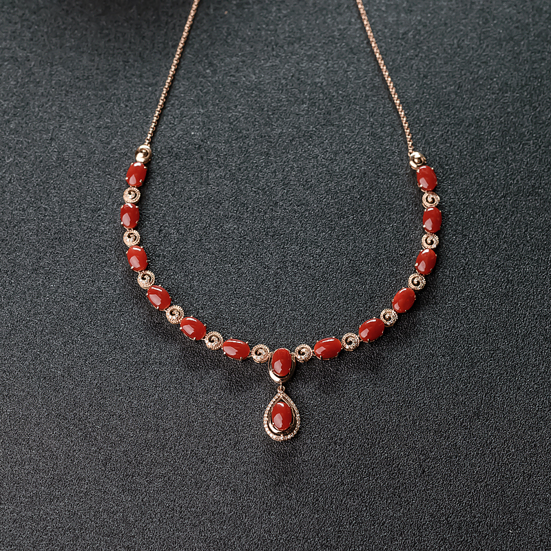 18K金镶钻日本天然正红珊瑚项链-红掌柜