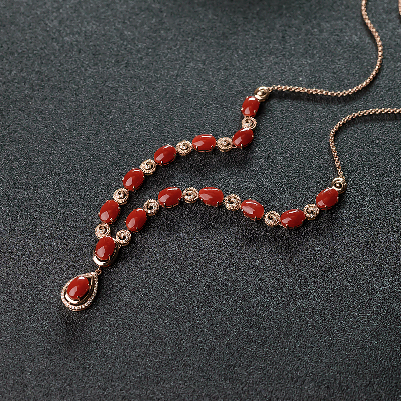 18K金镶钻日本天然阿卡珊瑚项链-红掌柜