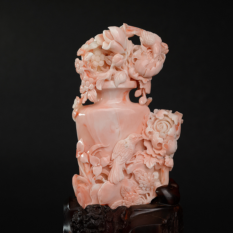 深水粉色珊瑚镂雕花瓶摆件-红掌柜