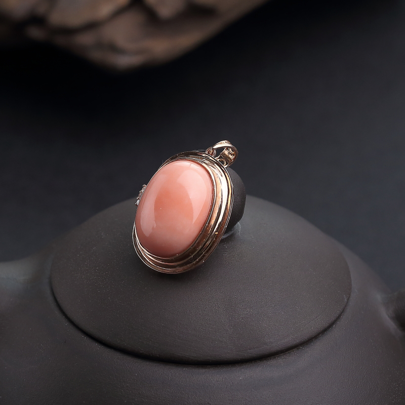 天然18K金镶钻深水粉色珊瑚吊坠-红掌柜