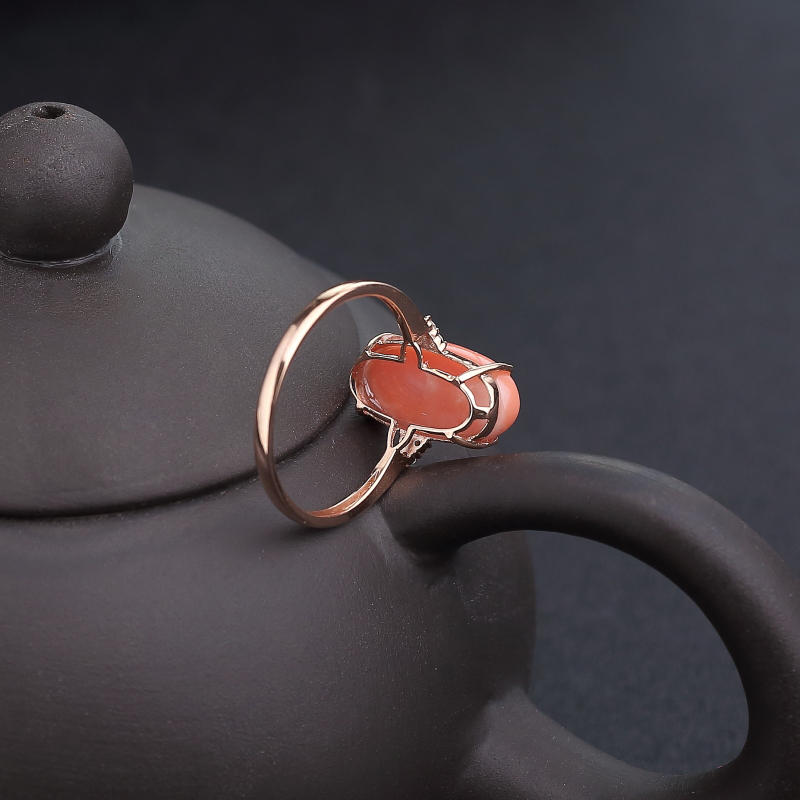 天然18K金镶钻深水粉色珊瑚戒指-红掌柜