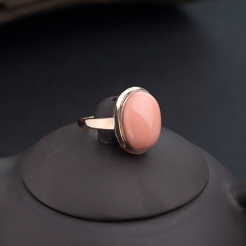 天然18K金镶深水粉色珊瑚戒指-红掌柜