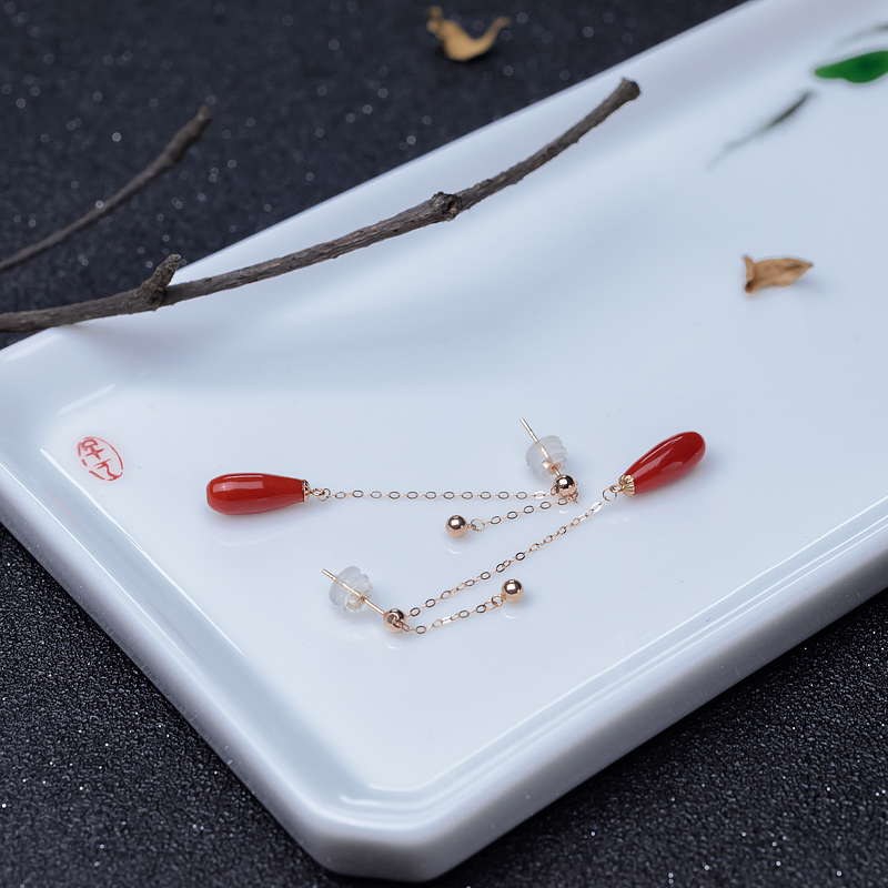 18K金镶正红珊瑚耳坠-红掌柜