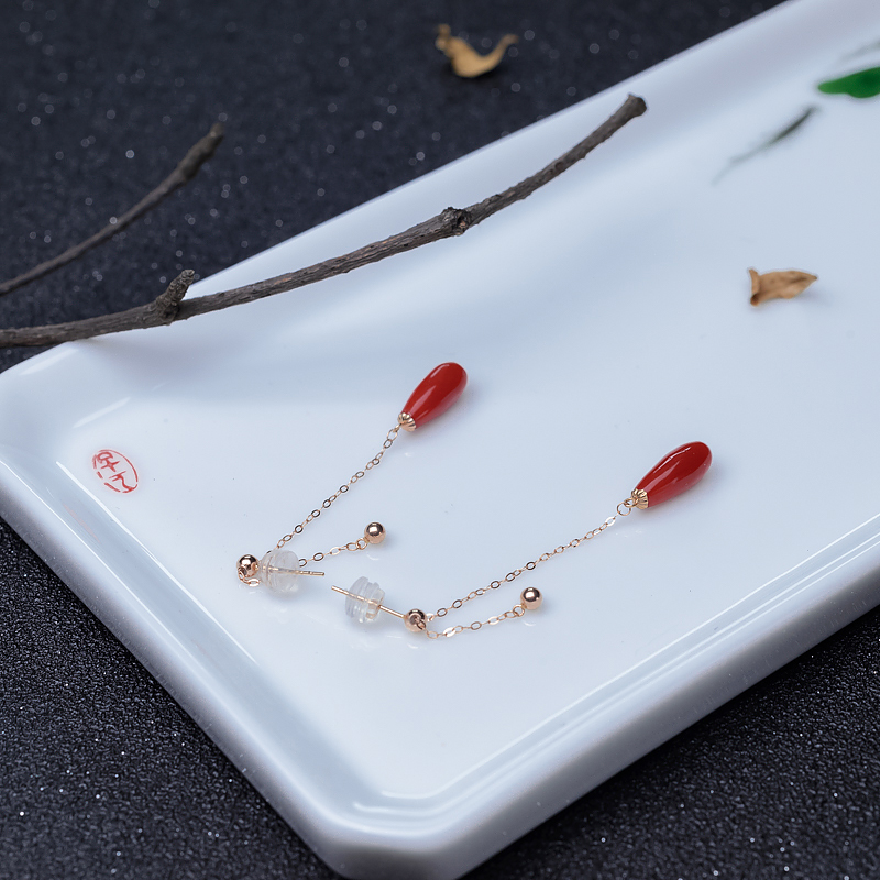 18K金镶沙丁珊瑚耳坠-红掌柜