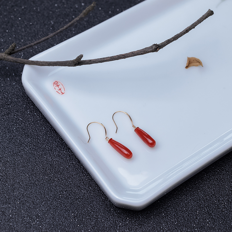18K金镶沙丁正红珊瑚耳坠-红掌柜