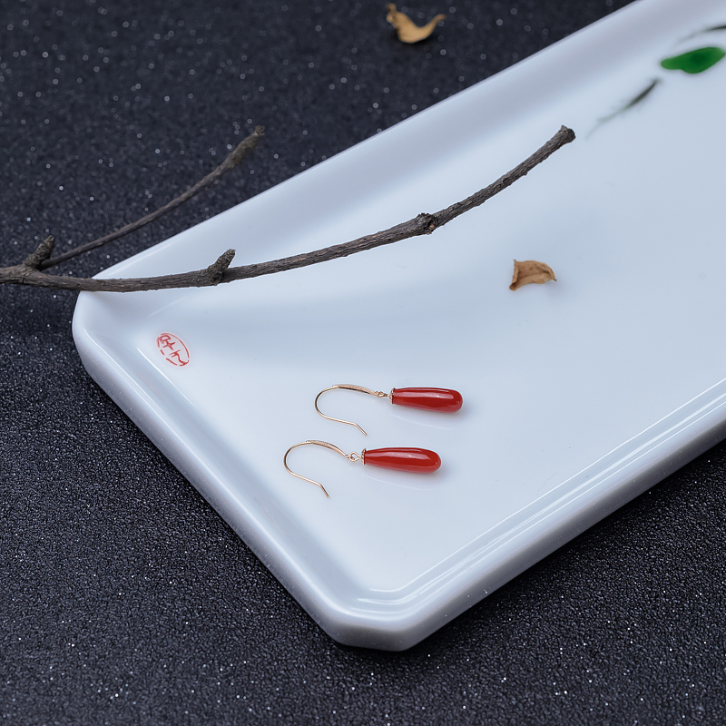金镶沙丁正红珊瑚耳坠-红掌柜