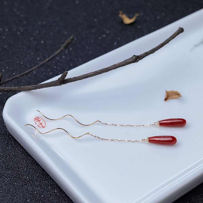 金镶沙丁正红珊瑚耳坠-红掌柜