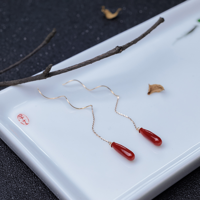 18K金镶正红珊瑚耳坠-红掌柜
