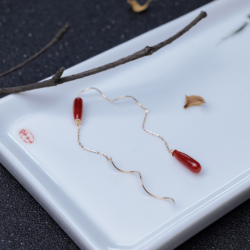 18K金镶沙丁珊瑚耳坠-红掌柜