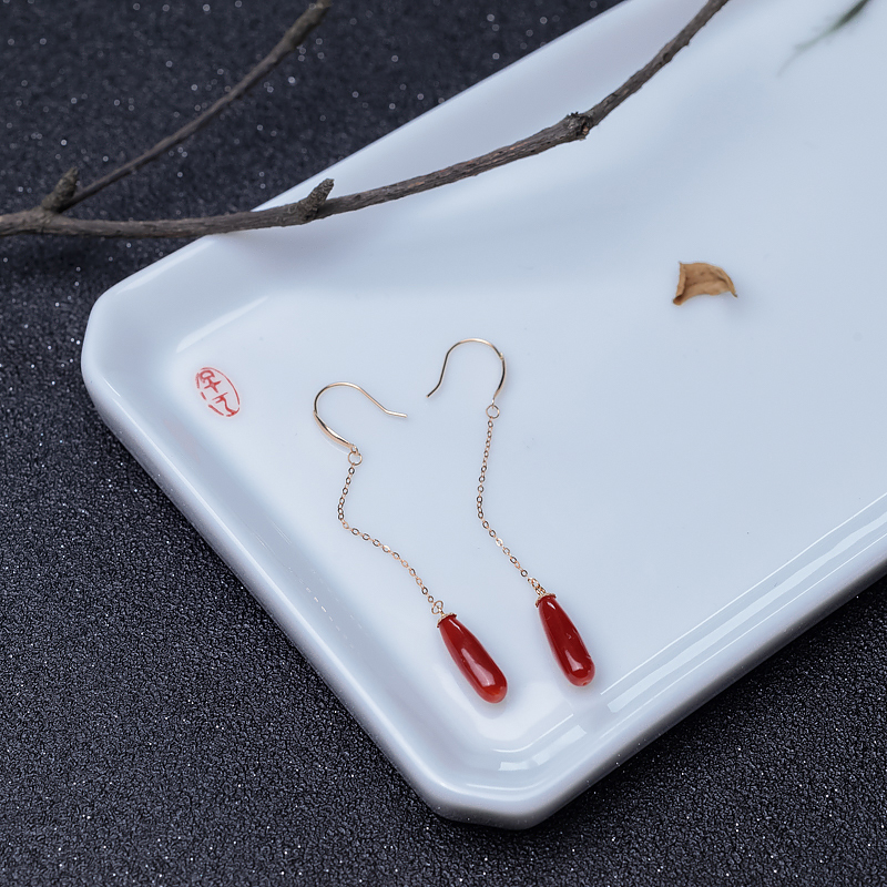 18K金镶沙丁正红珊瑚耳坠-红掌柜