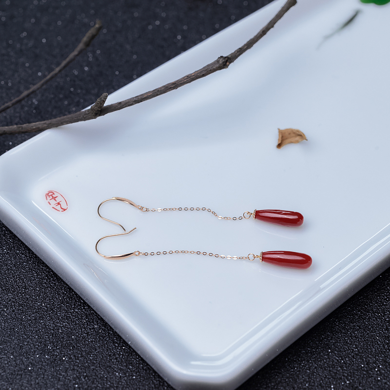金镶沙丁正红珊瑚耳坠-红掌柜