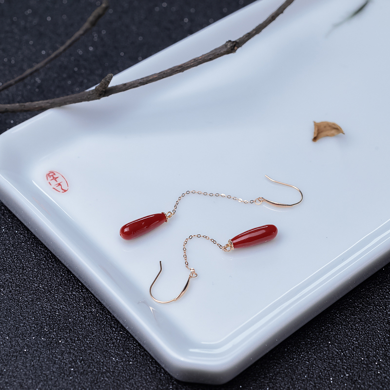 18K金镶正红珊瑚耳坠-红掌柜